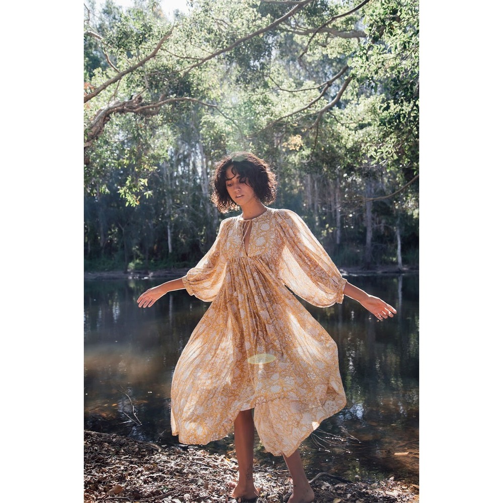 Daughters of India Kyra Midi Dress Cumin Yellow Floral Cotton Boho- XS
